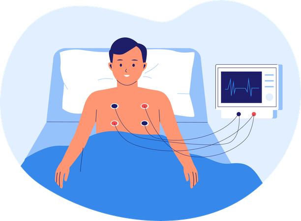 Patient in a hospital bed connected to a heart monitor